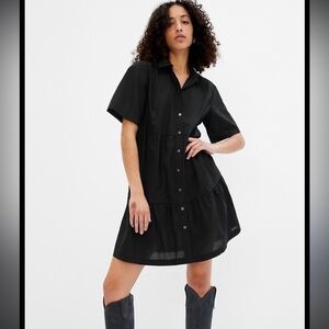 GAP Tiered Mini Cotton Lightweight Shirtdress With Pocket Black Short Sleeve M